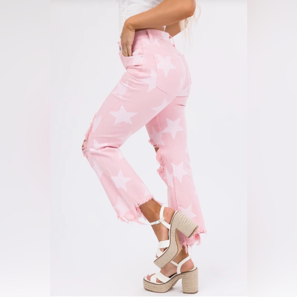 Risen Baby Pink Star Print High Rise Jeans - Picture 7 of 14